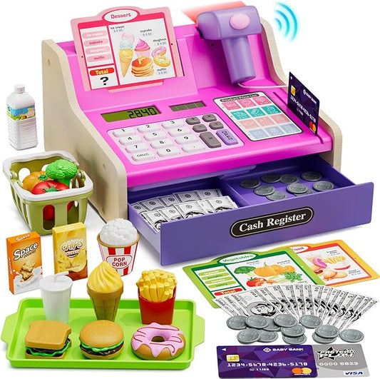 Kids Cash Register Toys, Rechargeable Wooden Toddler Pretend Play Supermarket & Fast Food Restaurant, Cashier Toy with Play Money, Pretend Food, Birthday Gifts for Kids Boy & Girl Age 4-8, Pink