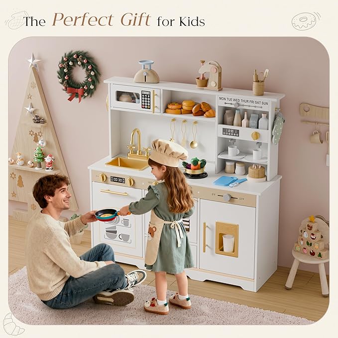 Play Kitchen Set, Kids Kitchen Playset with 21 Fun Accessories, Toy Kitchen Set with Realistic Appliances, Smart Storage, Wooden Play Kitchen for Kids, Gift for Ages 3+ (White & Gold)