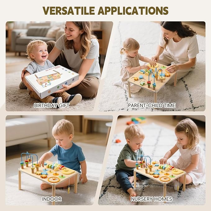 Activity Table for 1 Year Old, 8 in 1 Macaron-Colored Montessori Toys, Baby Activity Table with Bead Maze & Shape Sorter, Educational Sensory Table for Girls Boys 12+ Months