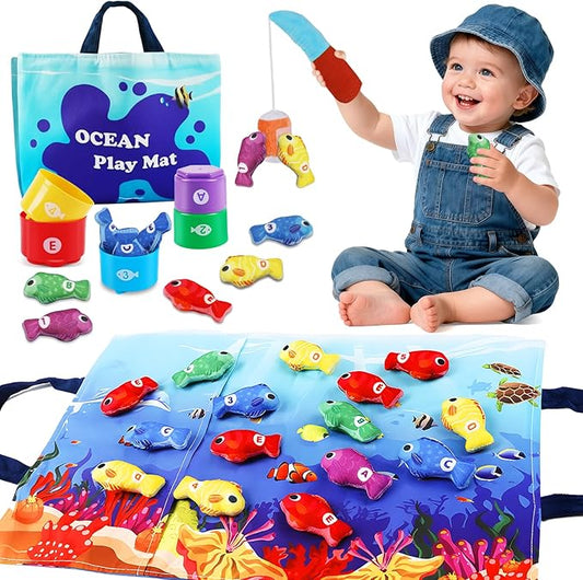 M SANMERSEN Montessori Toys for 1-2 Year Old - Toddler Fishing Game with Stacking Cups, Baby Toy 12-18 Months One Year Old Boy Girl Birthday Gift to Learn Count, Sort Colors and Shapes