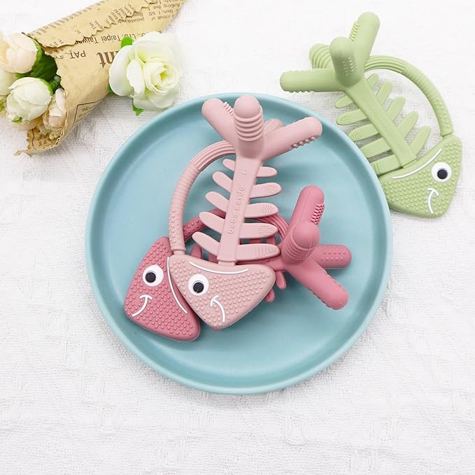 3 in 1 Infant Toys, Baby Teething Toys 3–6 6–12 Months, Teethers for Babies 0–3–6–12 Months for Teething Relief, Baby Gift, Baby Teether Toys, Silicone Sensory Toys,USA Patent Pending, Fish-Rose Pink