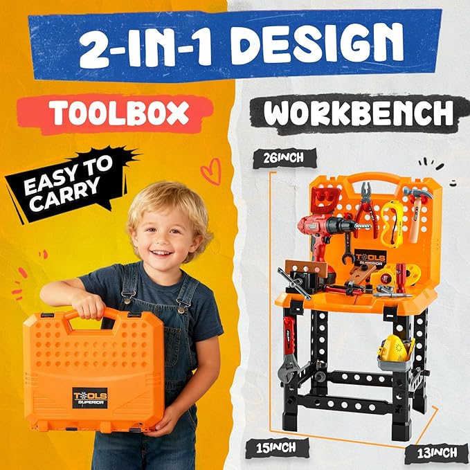 Kids Tool Bench with Electric Drill & Toddler Tool Set, 83 Pcs Toy Workbench for Toddlers 1-3, Transformable Kids Work Bench , Educational Toy Pretend Play Construction Play Kit for Boys&Girls 3-5
