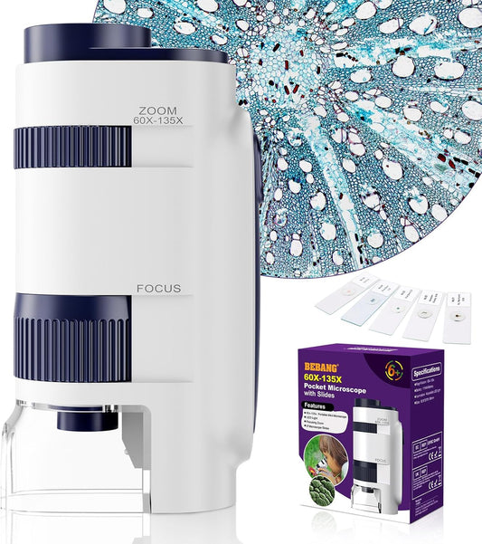 Handheld Portable Pocket Microscope for Kids - BEBANG 135x Mini Lab Kids Microscope with 5 Prepared Slides LED Portable Microbiological Observation Miniscope Tool for Science Exploration