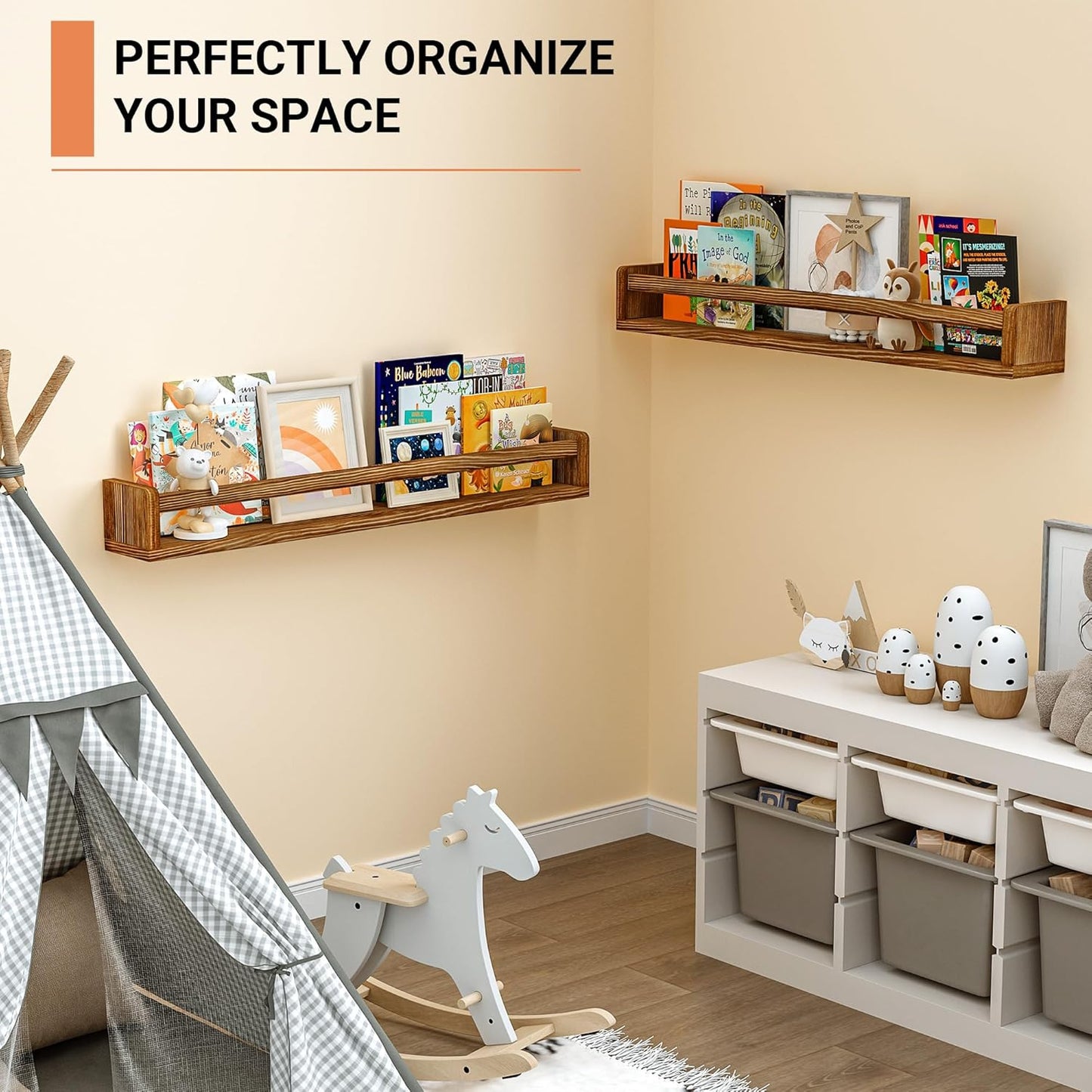 Heimlove 32 Inch Nursery Floating Shelves, Nursery Book Shelves for Wall, Wall Bookshelf for Kids Solid Wood Wall Mounted Shelves for Books,Toys and Decor Storage, Set of 2