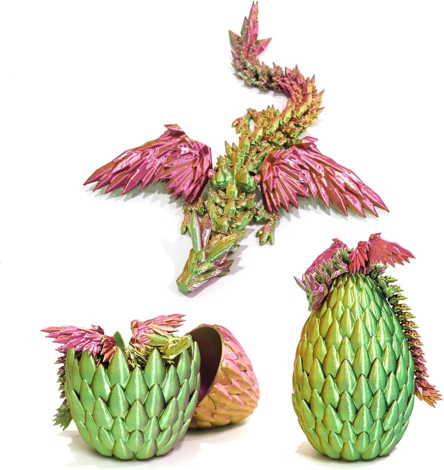 3D Printed Flying Dragon in Egg - 3 Colors Surprise Egg with Flexible Winged Dragon Inside, Mystery Beautiful Fidget Toy, Birthday Gift, Desk Figure Decor (Green Pink Gold)