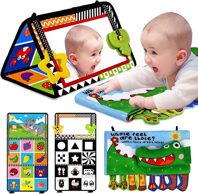 Tummy Time Baby Mirror Toys - Infant Toy Newborn 0 3 Months Brain Development with Soft Activity Book Teether - Black and White High Contrast Baby Toys 2 4 5 0-6 Babies Boy Girl Sensory Shower Gifts