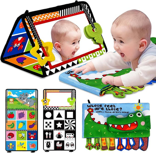 Tummy Time Baby Mirror Toys - Infant Toy Newborn 0 3 Months Brain Development with Soft Activity Book Teether - Black and White High Contrast Baby Toys 2 4 5 0-6 Babies Boy Girl Sensory Shower Gifts
