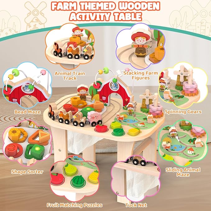 Activity Table for 1 Year Old, Baby Wooden Sensory Table with Bead Maze Shape Sorter Train Track for Toddler, Farm Montessori Toy Activity Center Educational Learning Toys for Kids 12+ Months