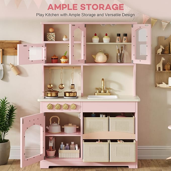 Play Kitchen for Kids, Wooden Toy Kitchen Set with Smart Storage & Accessories, Toddler Kitchen Playset with Stove & Oven, Pretend Play Set, Gift for Ages 3-8, Pink