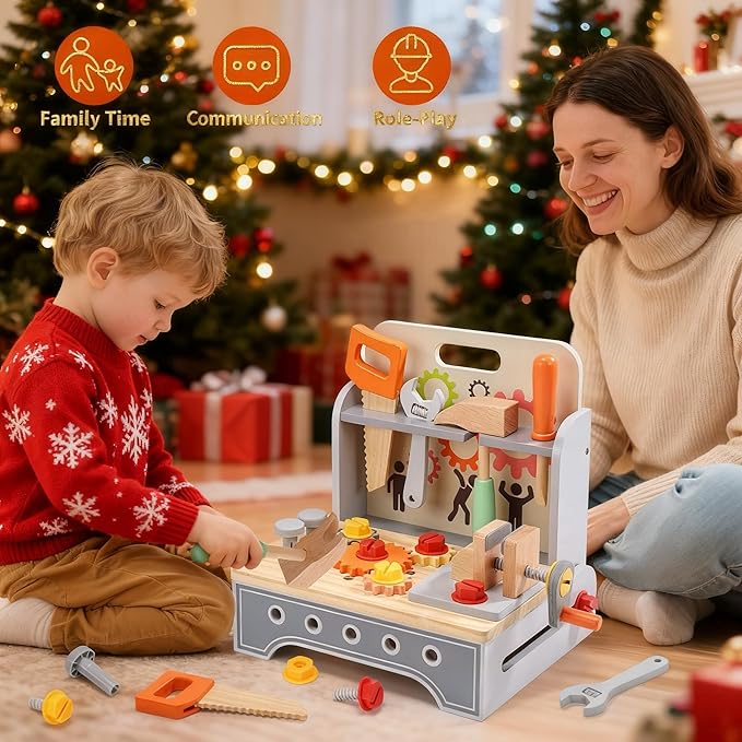 CUTE STONE Kids Wooden Tool Bench, 2-in-1 Toddler Tool Box & Take-Along Tool Kit, Montessori STEM Learning Toy Workbench, Educational Construction Pretend Play Gift for Boys & Girls Ages 3+