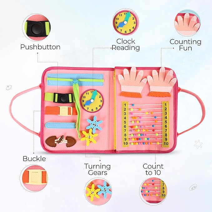 Montessori Busy Board Book, Toddlers, Sensory Activities and Preschool Learning - Toy for Home, Airplane and Car Travel (Pink)