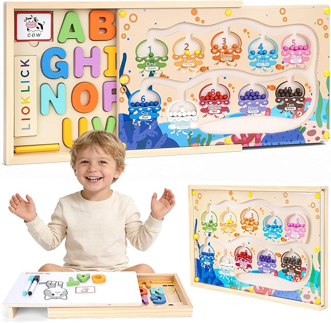4 in 1 Wooden Montessori Toys with Storage Box for 3-5 Year Old- Magnetic Color and Number Maze, Alphabet Puzzles, Drawing Board, Toddlers Educational Learning Toy Gift for Kids Boys Girls