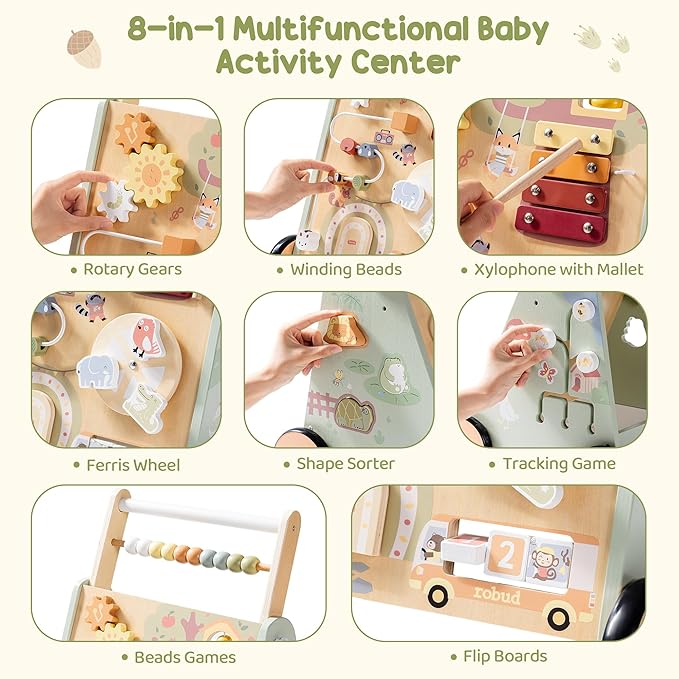ROBUD Wooden Baby Push Walker, Forest Theme Learning Walking Toys, Adjustable Height Baby Walker with Decelerator, Montessori Toys for Baby Age 10 Months+, WRP37