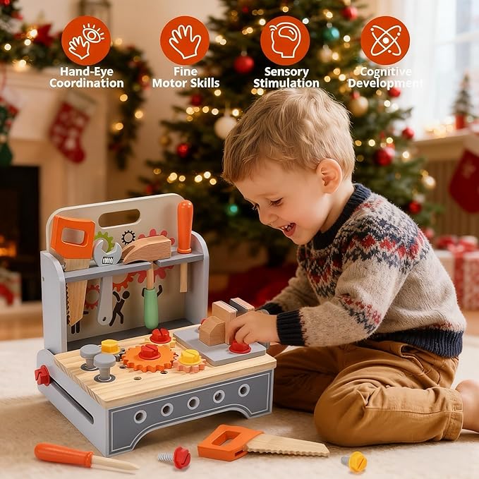 CUTE STONE Kids Wooden Tool Bench, 2-in-1 Toddler Tool Box & Take-Along Tool Kit, Montessori STEM Learning Toy Workbench, Educational Construction Pretend Play Gift for Boys & Girls Ages 3+