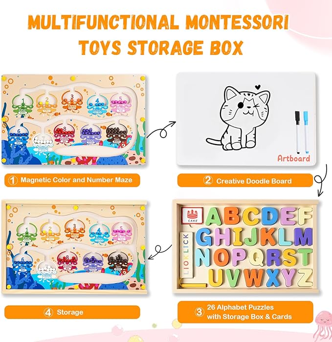 4 in 1 Wooden Montessori Toys with Storage Box for 3-5 Year Old- Magnetic Color and Number Maze, Alphabet Puzzles, Drawing Board, Toddlers Educational Learning Toy Gift for Kids Boys Girls
