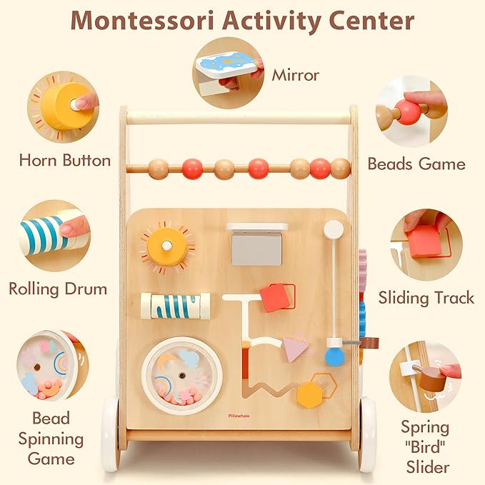Wooden Baby Walker, Baby Push Walker, Montessori Activity Center Push Toy, Ajustable Speed Baby Walker with Wheels for Toddlers Learning to Walk 12m+