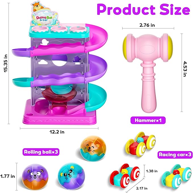 2-in-1 Rolling Ball & Car Ramp Race Track for Toddlers, Hammer Ball Drop Toy for Boys & Girls, Interactive Toys w/Sensor Lights - Montessori STEM Learning Toys - Brithday Gift for Kids 1-5+ Year Old