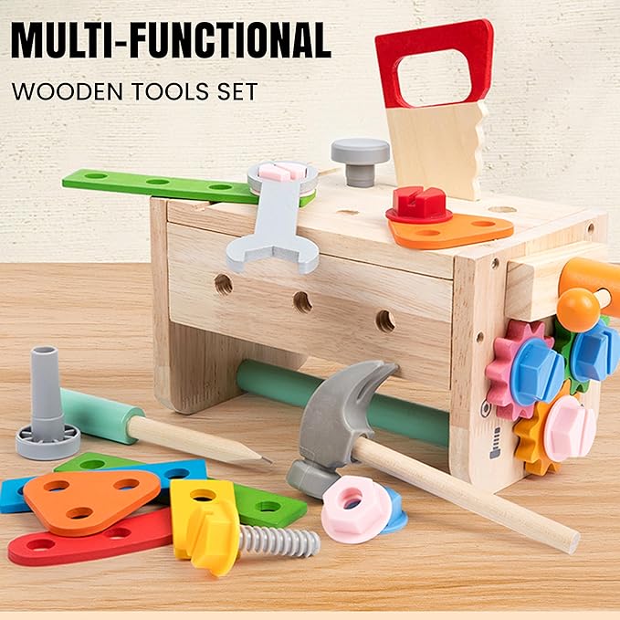 Kids Tool Set – 35 Pieces Wooden Toddler Tool with Box – Montessori STEM Educational Pretend Play Construction Toy for 3 to 8 Year Old Boys Girls – Best Birthday Gift