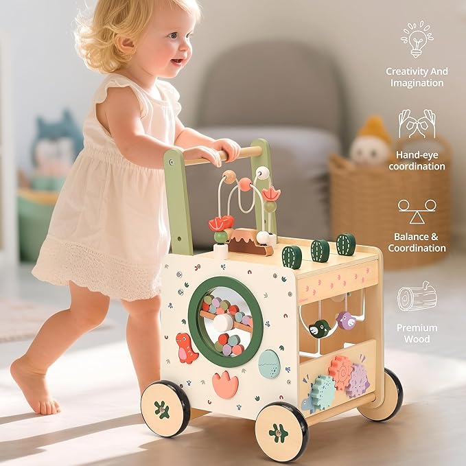 Wooden Baby Push Walker, 6-in-1 Montessori Activity Center for Toddlers, Adjustable Speed Dinosaur Walker with Brake & Shape Sorter, Natural Solid Wood Learning Toy for Boys Girls 12M+