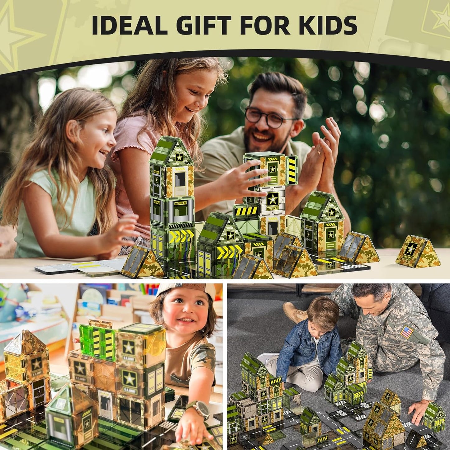GobiDex Magnetic Tiles Army Toys, STEM Military Magnetic Building Blocks for Toddler Kids Ages 3-5 4-8, Sensory Magnet Construction Toys Birthday Gifts for 3+ Year Old Boys & Girls Army Men Playset