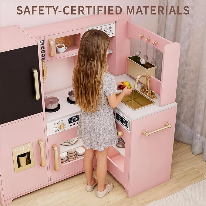 Kids Kitchen Playset with Lights & Sounds, Wooden Corner Play Kitchen with Sink,Oven, Ice Maker & Pretend Play Accessories, Educational Toy Kitchen Set for Toddlers, Pink