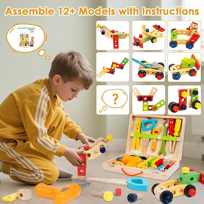 KIDWILL Kids Tool Set with Electric Drill & DIY Stickers, Toddler Tool Set for Kids Ages 3-5 Year Old Boys Girls, Pretend Play STEM Montessori Educational Construction Toys