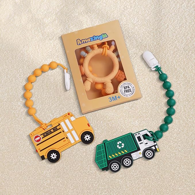 Baby Food Grade Silicone Carrier Vehicle Teether Toy with Pacifier Clip Holder,Teething Toys Gift Set for 3 Months+ Boys and Girls,Freezer Safe,BPA Free.(Garbage Truck)