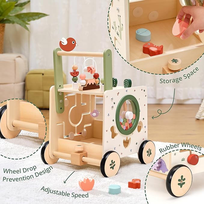 Wooden Baby Push Walker, 6-in-1 Montessori Activity Center for Toddlers, Adjustable Speed Dinosaur Walker with Brake & Shape Sorter, Natural Solid Wood Learning Toy for Boys Girls 12M+