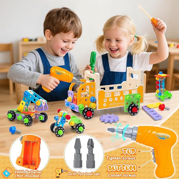 Kids Tool Set with Drill&Apron ,85pc Toddler Play Tool Drill and Screw Toys Pretend Play Wooden Construction Kits for Kids Ages 3-8,Christmas Birthday Gift for Boys Girls