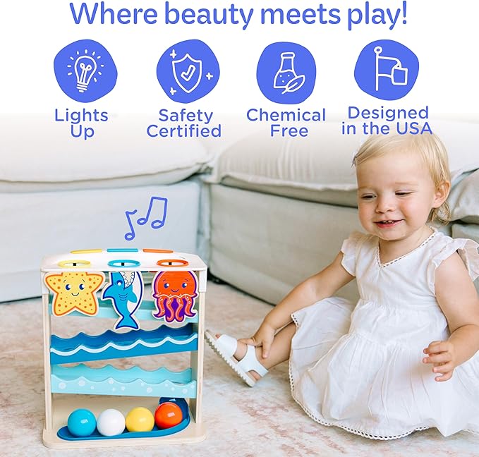 Move2Play, Wooden Ocean Friends | 30+ Fin-Tastic Songs & Phrases | Baby & Toddler Musical Toy | First Birthday Present for 1+ Year Old | Ages 6-24 Months | Boy & Girl Ball Drop Toy