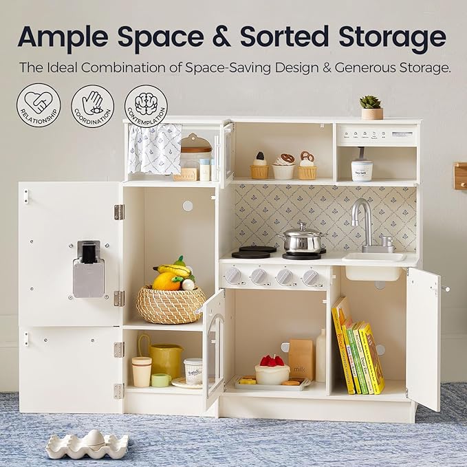 Tiny Land Play Kitchen for Kids, Upgraded Wooden Kitchen Toy with Complete Play Areas, Pretend Cooking Set with Sink, Stove, Microwave, Toy Coffee Station & Storage for Kids Ages 3+