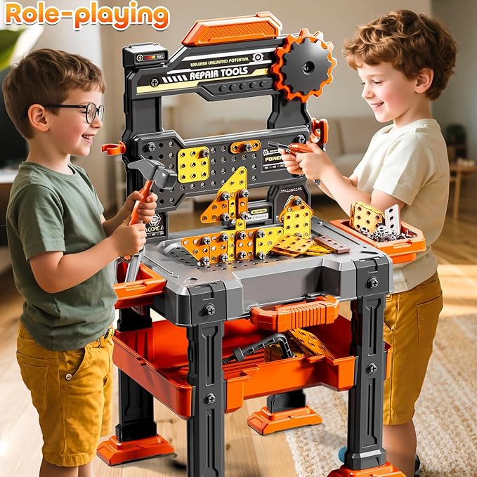 Kids Tools Toy Sets for Aged 3 4 5 6 7 8, 2 in 1 Workbench Toys for Toddlers 3-5, Pretend Play Toolbox, Construction Mechanic Set with Sound, Educational Birthday Gift for Boys Girls Ages 3-8