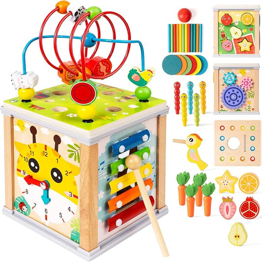 Wooden Activity Cube | 10-in-1 Montessori Toys | Multipurpose Baby Educational Developmental Toy | Bonus Shape sorter & Ball Coin Stick Drop Game | Birthday Gift for Baby Boys Girls