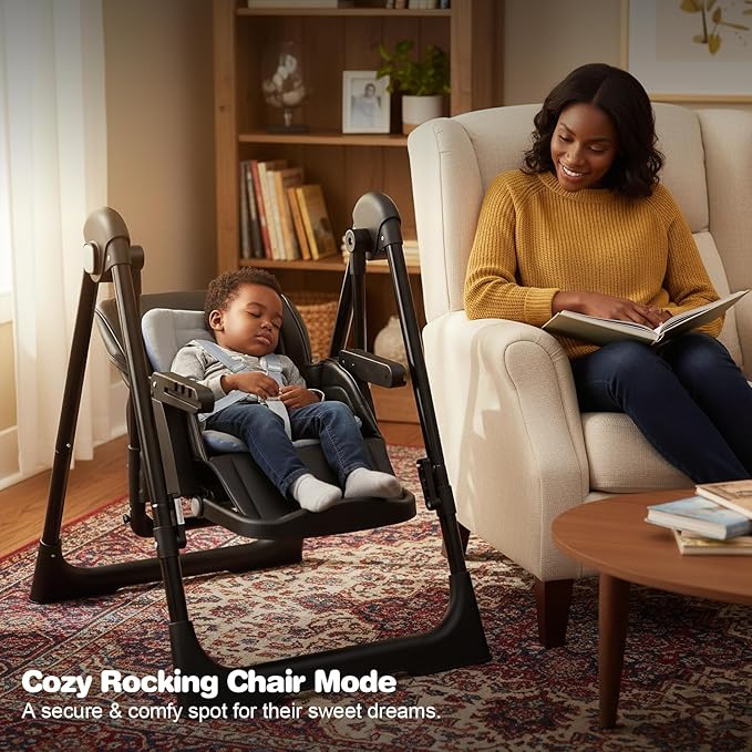 High Chairs for Babies and Toddlers Foldable High Chair Adjustable with Reclining Seat & Leg Rest, 3-in-1 Convertible Baby Swings with Tool-Free Assembly (Black)