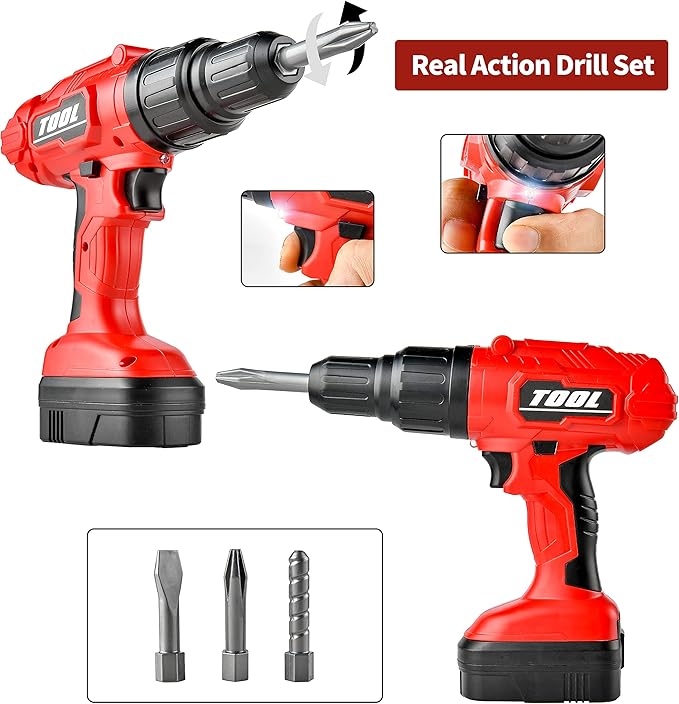 Toy Choi's Toy Drill Set - Electric Pretend Play Tool with Realistic Sound & Action, Construction Toy Tools for Kids Ages 3-5 with Toddler Drill Screw Set (Red)