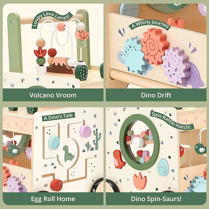 Wooden Baby Push Walker, 6-in-1 Montessori Activity Center for Toddlers, Adjustable Speed Dinosaur Walker with Brake & Shape Sorter, Natural Solid Wood Learning Toy for Boys Girls 12M+