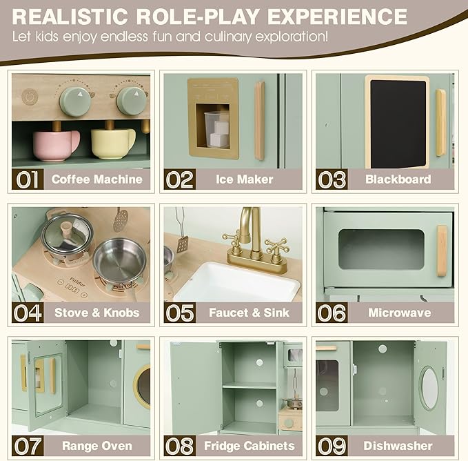 Wooden Kitchen Playset for Kids Toddler, Pretend Play Kitchen Set Toy for Girls and Boys, with Kitchen Accessories - Green