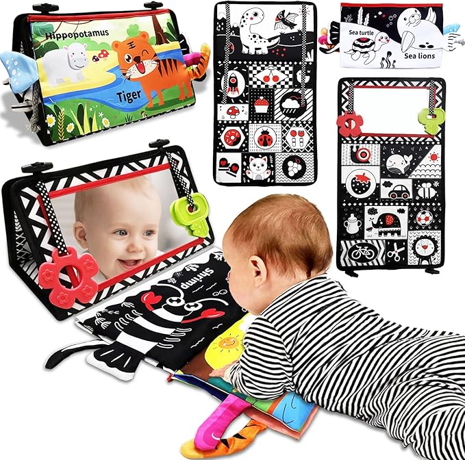 Tummy Time Mirror Newborn Toys: Black and White Infant Tummy Time Toys 0-3 0-6 6-12 Months Babies High Contrast Baby Toy with Book & Teethers Montessori Sensory Toy for Boy Girl Baby