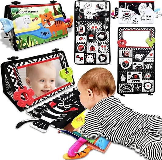Tummy Time Mirror Newborn Toys: Black and White Infant Tummy Time Toys 0-3 0-6 6-12 Months Babies High Contrast Baby Toy with Book & Teethers Montessori Sensory Toy for Boy Girl Baby