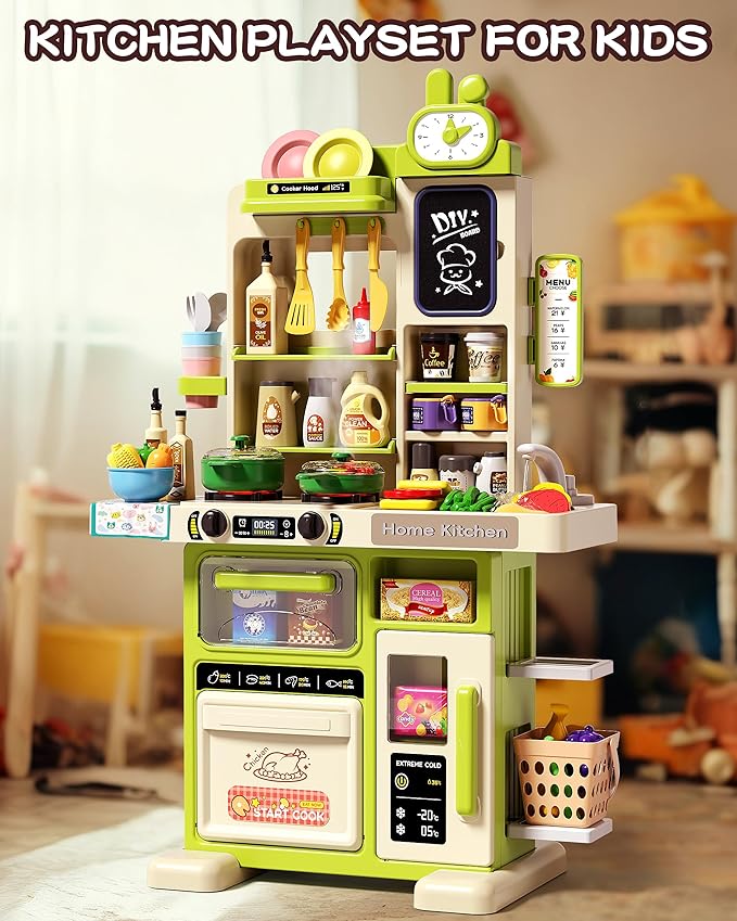 33.8IN - 70PCS Kids Kitchen Playset with Sound & Light - Cooking Stove with Steam, Play Sink and Toy Kitchen Accessories - Pretend Kitchen Play Food Toys for Kids Boys Girls - Toddler Play Kitchen Set