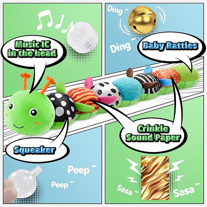 LIGHTDESIRE Baby Toys 6-12 Months Musical Caterpillar,Stuffed Animals Infant Toys 0-6 Months Sensory Toy with Ruler Design,Crinkle&Ring Bell,Baby Teething Toys for Tummy Time Boy Girl Gifts (Green)