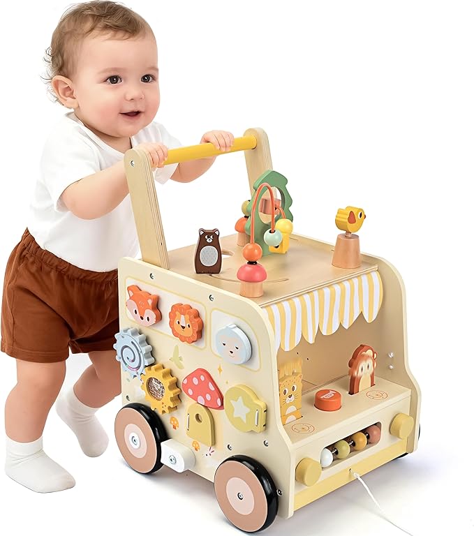 Wooden Activity Cube Push Walker, Wooden Baby Walker, Montessori Toys for Babies 10-12 Months 1 2 3 Years Old Boys & Girls, Help Learning to Walk & Sit-to-Stand
