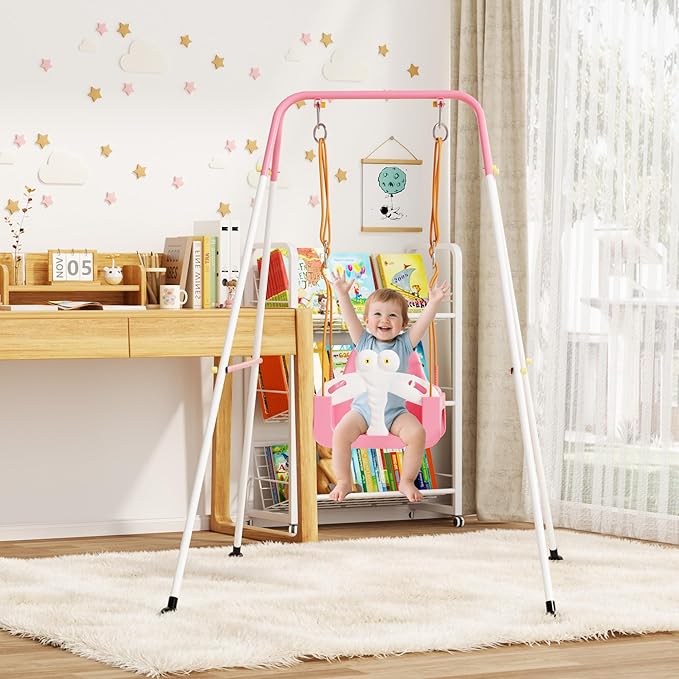 3-in-1 Toddler Swing Set, Baby Swing with Safety Belt, Indoor/Outdoor, Easy to Assemble Kids Swing Seat with Sturdy Metal Stand for Playground, Backyard and Nursery, Pink White