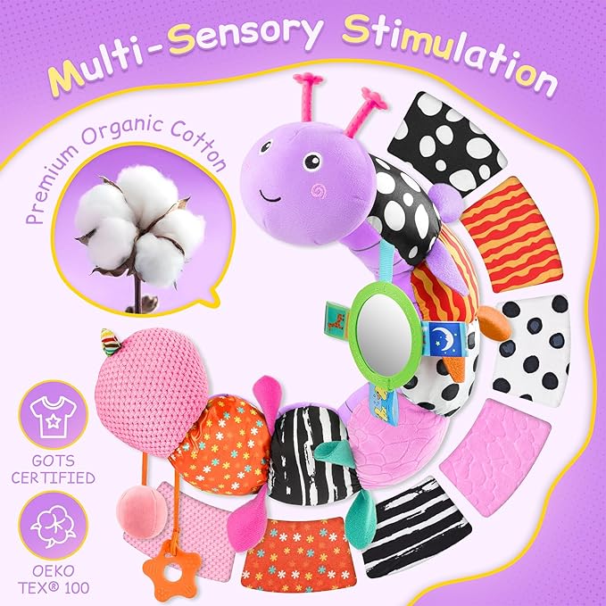 Baby Toys Sensory Musical Animal Stuffed Toy for Infant 0-3-6-12 Months Tummy Time Newborn, Plush Caterpillar with Mirror,Crinkle,Rattle Teething Toys for Baby Boys Girls Shower Gifts, Purple
