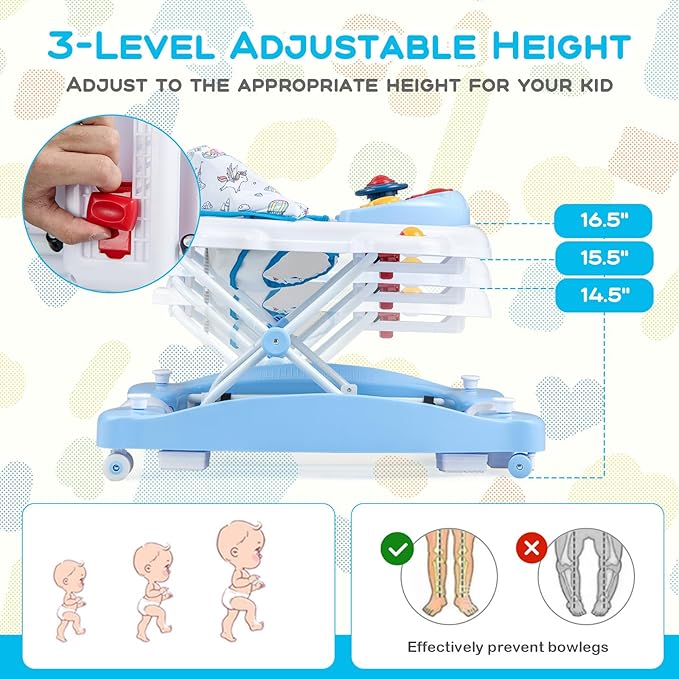 BABY JOY 6-in-1 Baby Walker, Foldable Baby Walker with Wheels, Adjustable Height, Music, Lights, Bouncer & Rocker Mode, Baby Walkers for Boys Girls 6-14 Months (Blue)