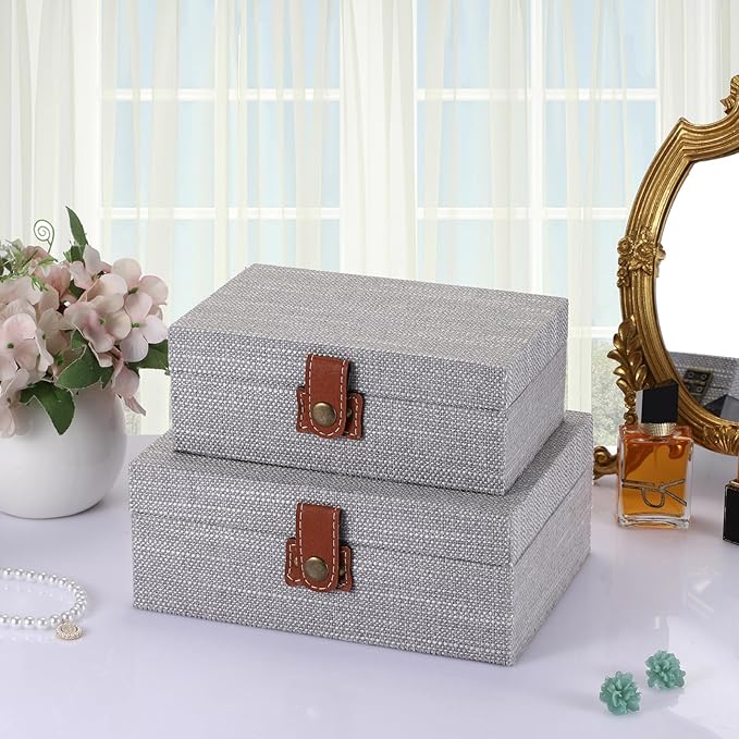 Hipiwe Jewelry Storage Box Treasure Chest Wooden Box with Linen Covered Rectangular Gray Keepsake Case with Clasp Dcorative Photo Storage Organizer for Women Gift, Small