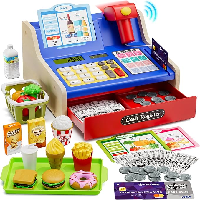 Wooden Cash Register for Kids, Rechargeable Pretend Play Supermarket & Fast Food Restaurant, Teen Cash Register with Play Money, Toy Food, Toddler Learning Toys for Kids Boy & Girl Age 3-5, Blue