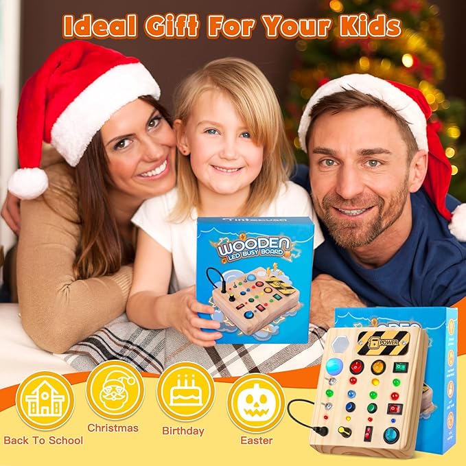 Busy Board Montessori Toys for Toddler, Wooden Sensory Board Switch Toy with Shape Sorter LED Light Up Toys Educational Plane Travel Activity for Girls & Boys