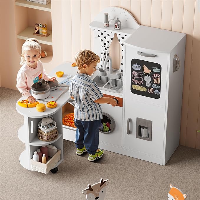 Wooden Play Kitchen with 180 Degree Rotation, Interactive Kids Corner Toy Kitchen Playset with Lights & Sounds, Toddler Kitchen Play Set with Realistic Accessories for Girls Boys Ages 3+, White