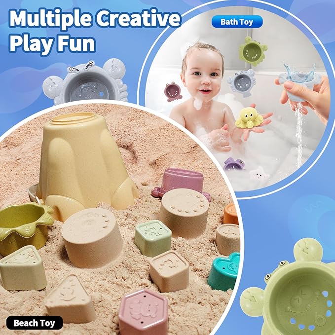 Stacking Toy for Toddler 1-3, 4 in 1 Montessori Sensory Toys, Shape Sorter for Sand Bath Play, Infant Learning Color Sorting Toy for Fine Motor Skills, Birthday Gift for Baby Boys Girls 1 2 3